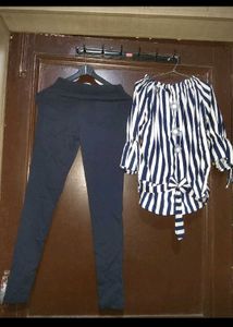 Chic Striped Off-Shoulder Top &amp; Comfy Leggings Set