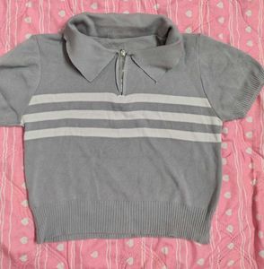 Gray Striped Zip-Up Polo Top
