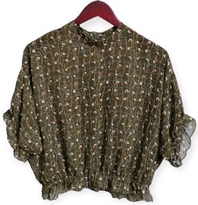 Olive Green Print Blouse