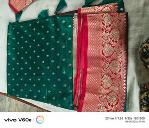 Elegant Green Saree with Red &amp; Gold Border