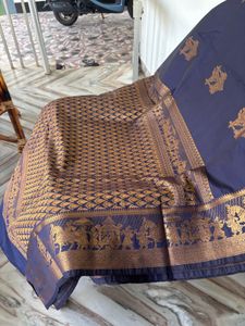 Elegant Navy Blue temple printed silk saree
