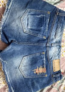 Distressed Denim Shorts with Patch Detail
