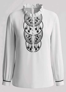 Elegant White Ruffle Neck Embroidered Blouse