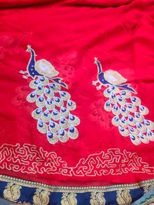 Unused Red Embroidered Saree With Attached Blouse