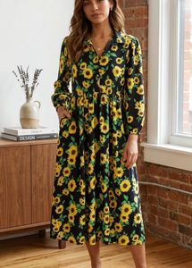 Sunflower Print Button-Down Midi Dress