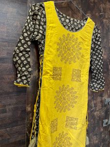 Mustard Yellow Two Layer Up And Down Kurti With Beautiful Katha Embroidery