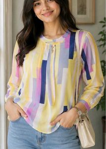 Pastel Striped Quarter Sleeve Chiffon Top