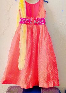 Girls Orange Embellished Sleeveless Gown
