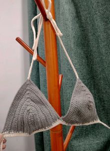 Gray Hand Crocheted Bikini Top