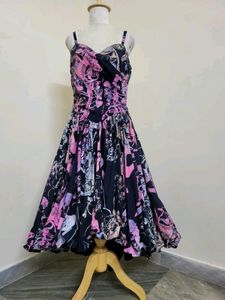 Vintage Pink & Black Floral Print Midi Dress