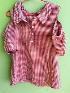 Red Gingham Cold Shoulder Top