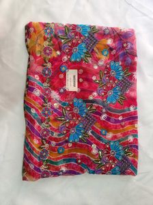 Vibrant Leheriya Saree with Floral Embroidery