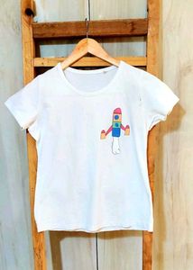 White T-Shirt with Rocket Graphic Size-30