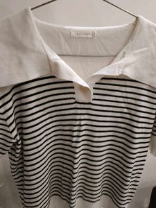 Korean style Striped Knit Top with Sailor Collar