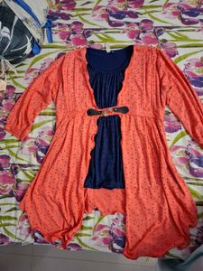 Peach Schiffli Eyelet Shrug Navy Top