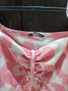 Pink Floral Puff Sleeve Ruched Top
