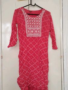 Pink Bandhani Kurti with White Embroidery
