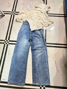 Cream Textured Puff Sleeve Top &amp; Wide Leg Jeans