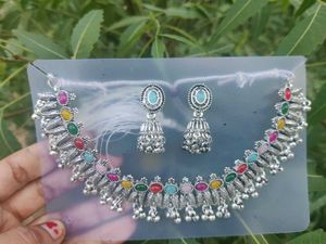 Boho Oxidized Silver Necklace &amp; Earrings