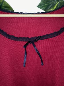 Maroon Ribbed Crop Top with Black Lace Trim