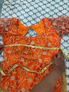 Orange And Golden Kurti And Skirt Set Without Dupatta