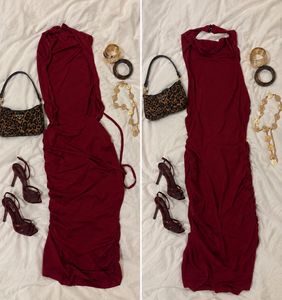 Chic Ruched Burgundy Halter Dress (knee length, ba
