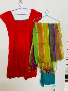 Red Cotton Churidhar Set With Multi Clr Dupatta
