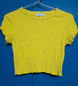 Korean Yellow Lettuce Trim Rib-knit Crop Top Tee
