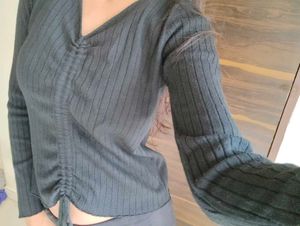 Ribbed V-Neck Tie-Up Top