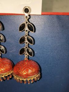 Red Jhumka Earrings with Black Stones