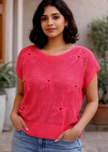 Chic Pink Knit Top with Star Embellishments