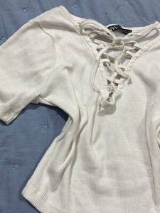ZARA White Lace-Up Knit Top
