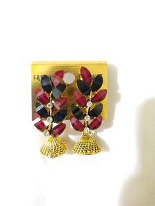 Elegant Red &amp; Black Gemstone Jhumka Earrings