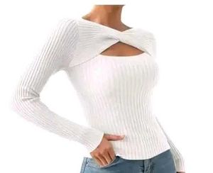 Chic White Ribbed Cut-Out Knit Top