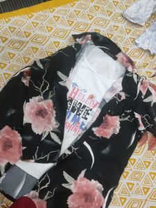 Cute Graphic Tee &amp; Floral Kimono Set