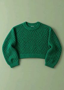 EMERALD GREEN OPEN KNIT CROPPED SWEATER