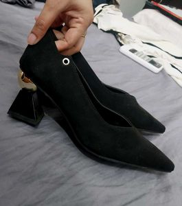 Macy Alfani's First Copy Golden Ball Bottom Heels