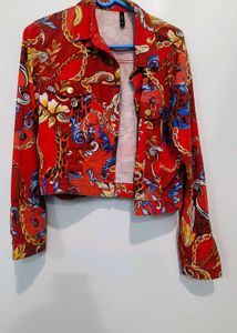 Stylish Red Baroque Print Cropped Jacket
