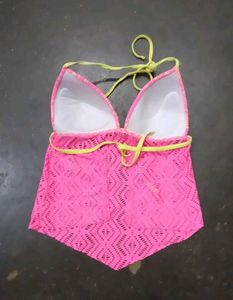 Pink Crochet Halterneck Bikini Top