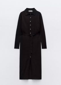 Zara Elegant Black Ribbed Knit Midi Dress