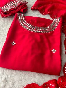 Negotiable Red Kurta Set with Mirror Work