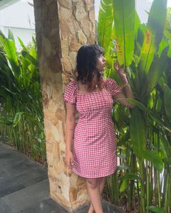Red Gingham Puff Sleeve Dress