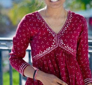 maroon Printed Kurta with Embellished Neckline