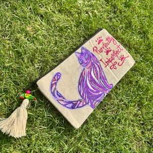 Handpainted Meow Cat pouch with parrot tassel