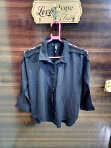 Black Cutout Work Lace Sleeve Shirt