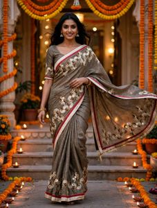 Embroidered Grey Saree with Mirror Work