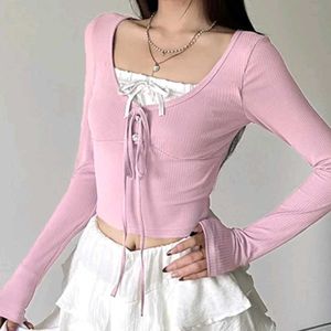 Pink Solid Ribbed Crop Top