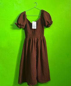 Stylish Brown Smocked Puff Sleeve Dress