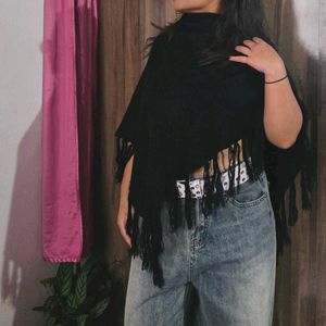 Black Fringed Poncho Top
