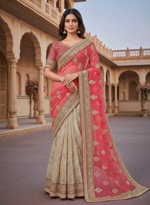 Exquisite Dual-Tone Mirror Work Saree Peach Orange